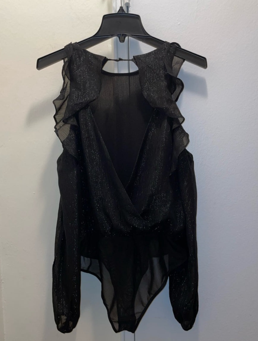 ASTR The Label Analesse Cold Shoulder Black Shimmer Bodysuit Top Sz Medium