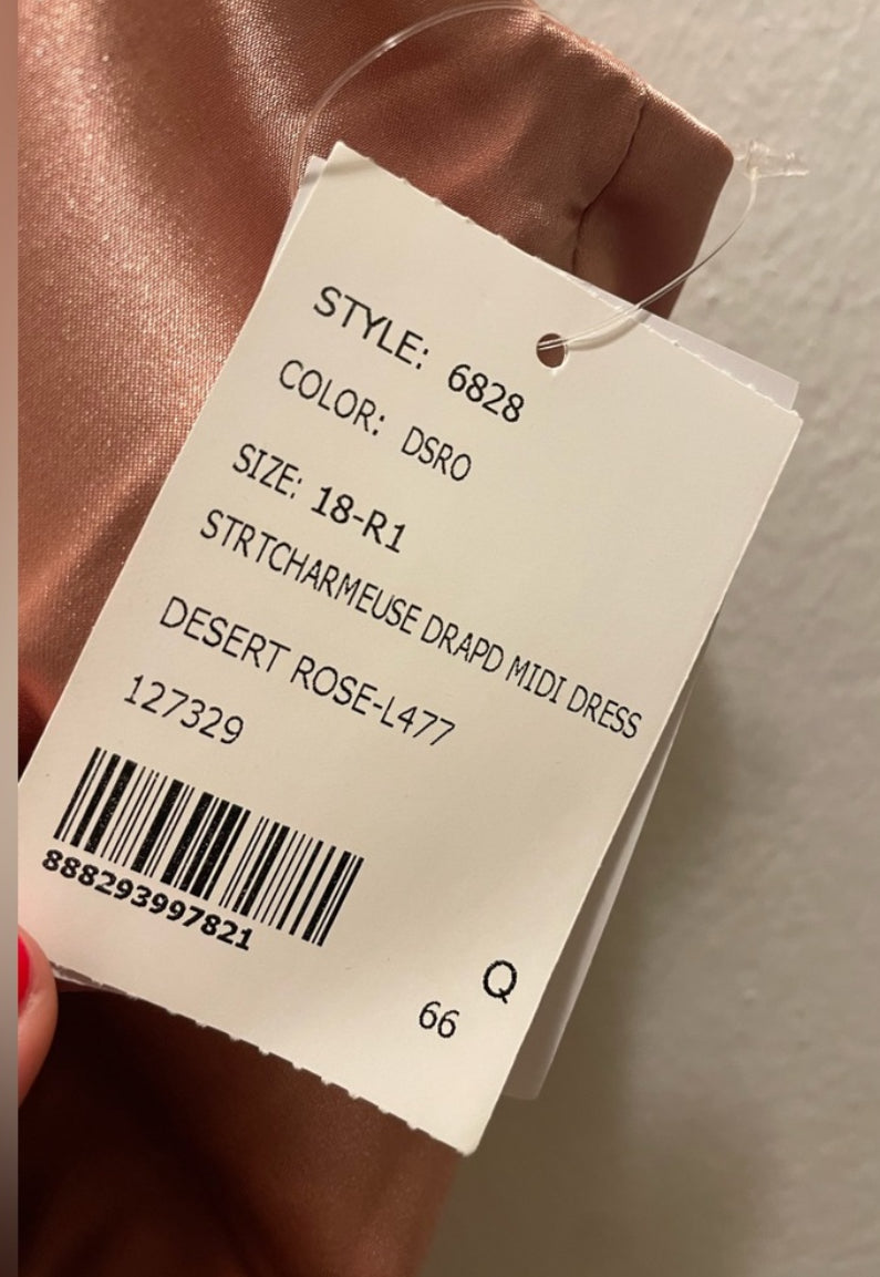 After Six Midi Charmeuse Dress Draped Tulip Skirt Desert Rose Size 18 $227