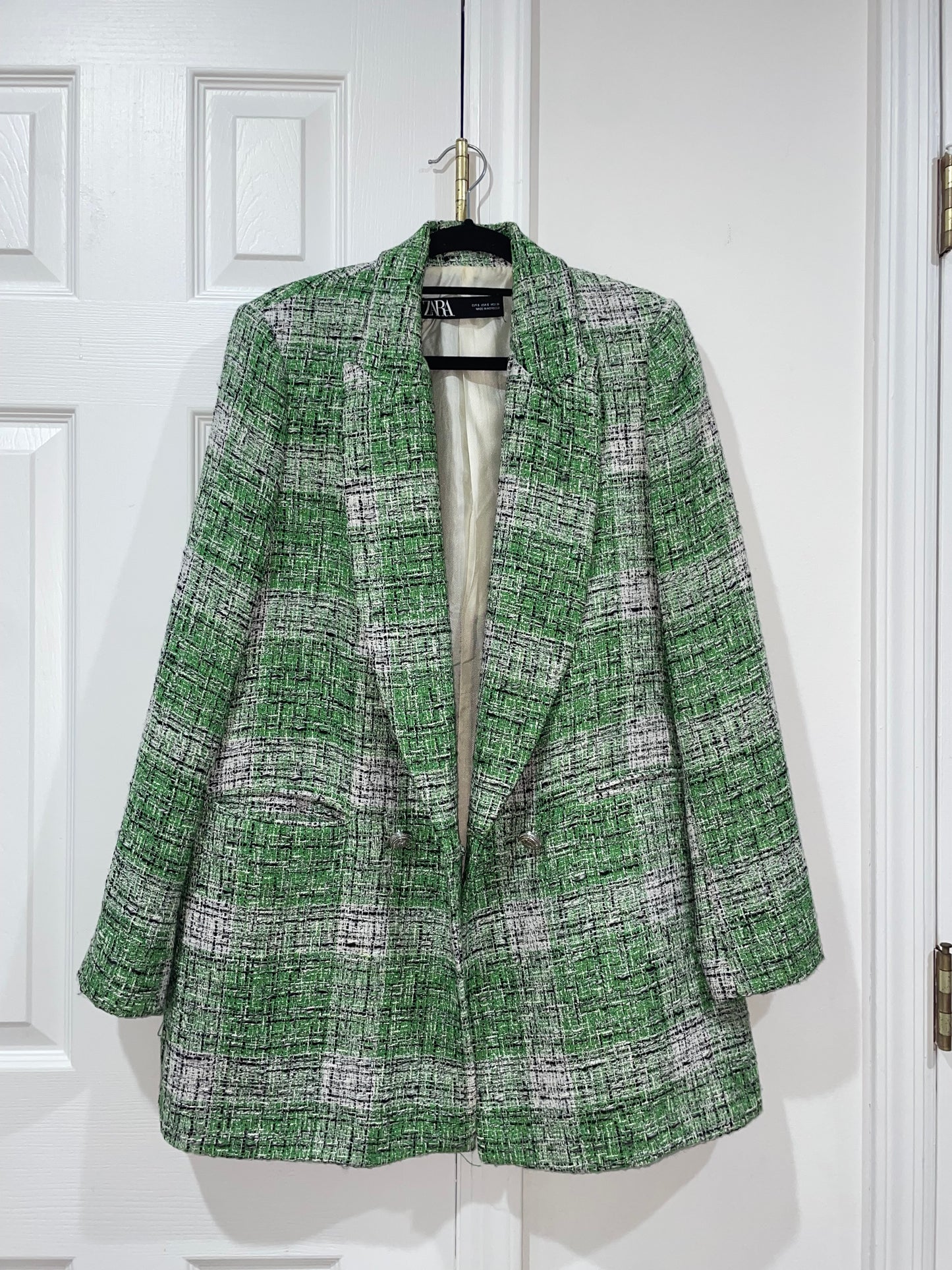 Zara Green Plaid Tweed Oversized Blazer Jacket Blogger’s Fave Size Small