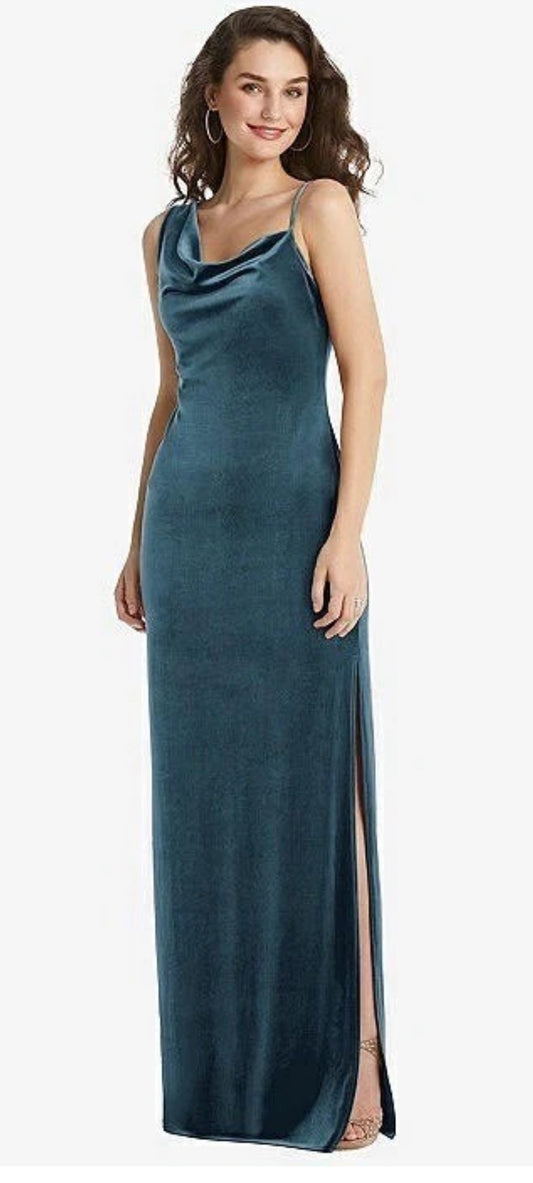 Social Bridesmaid Asymmetrical Shoulder Velvet Maxi Dress Dutch Blue Size XL