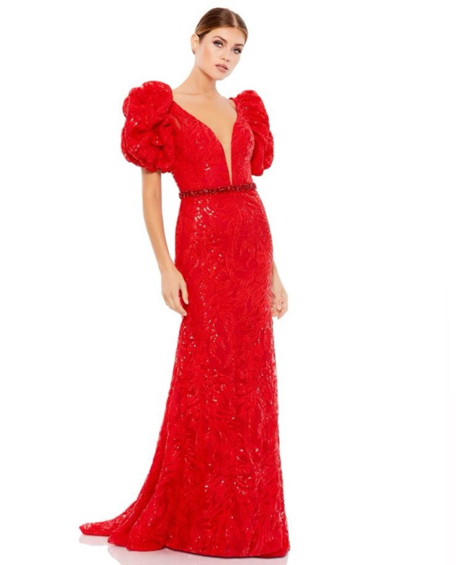 NWT MAC DUGGAL 12421 Red Embellished Puff Sleeve Plunge Neck Trumpet Gown Size 8
