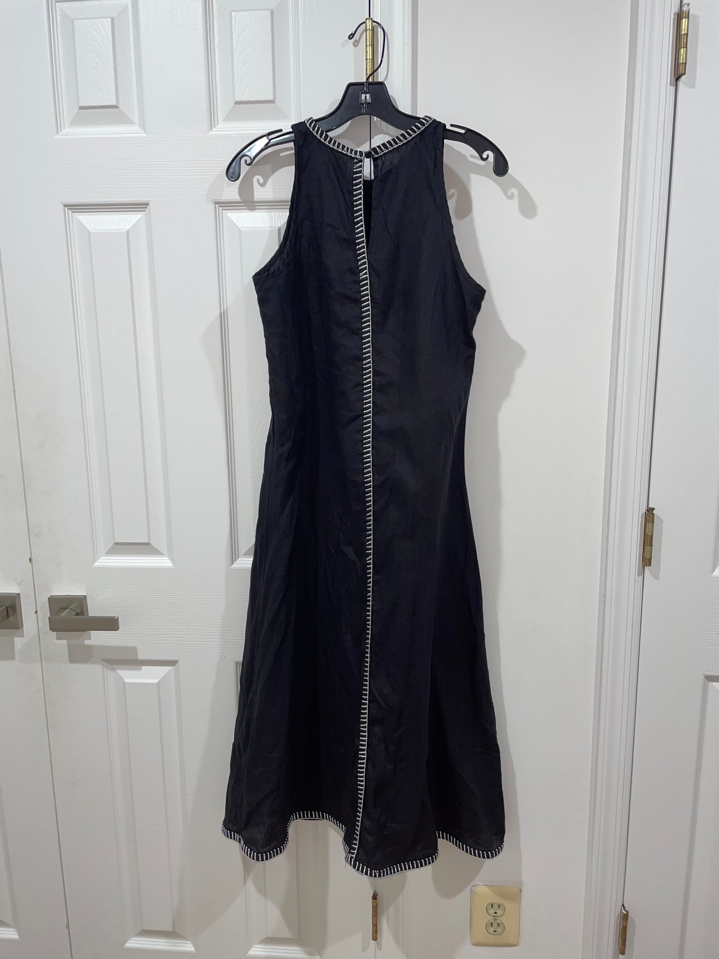Magaschoni 100% Linen Black Long A-Line Dress White Whipstitch Trim Size 6 $198