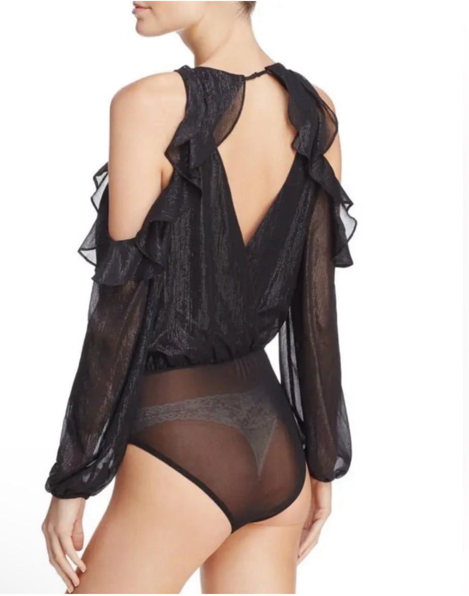 ASTR The Label Analesse Cold Shoulder Black Shimmer Bodysuit Top Sz Medium