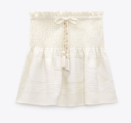 Zara Cream Linen Blend Short Mini Skirt Smocked Waist Size Medium
