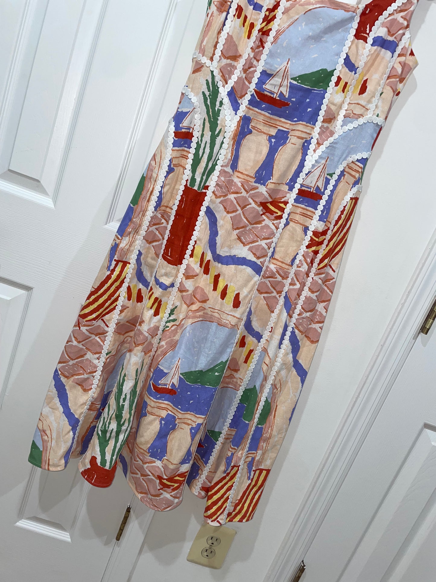 Christian Lacroix Linen Blend Scenic Coastal Print Maxi Dress Size Small