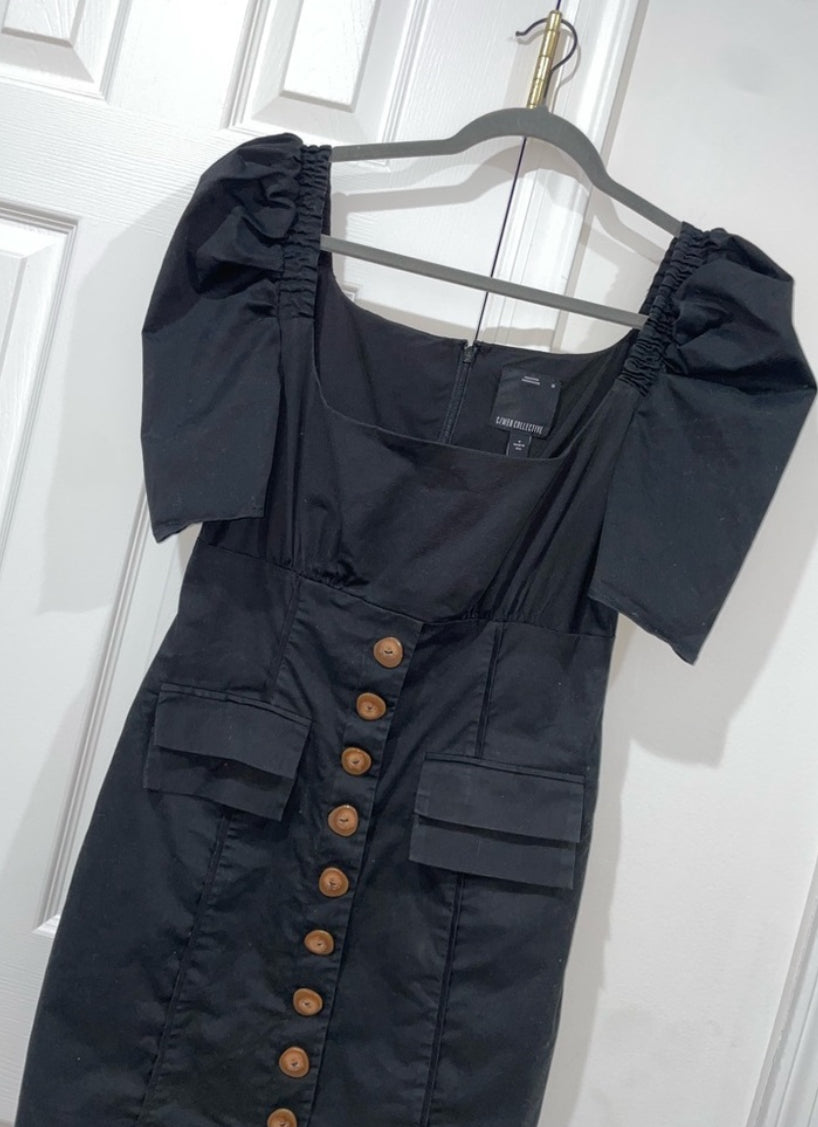 C/MEO Collective Subscribe Dress Black Puff Sleeve Mini Square Neck Size Medium