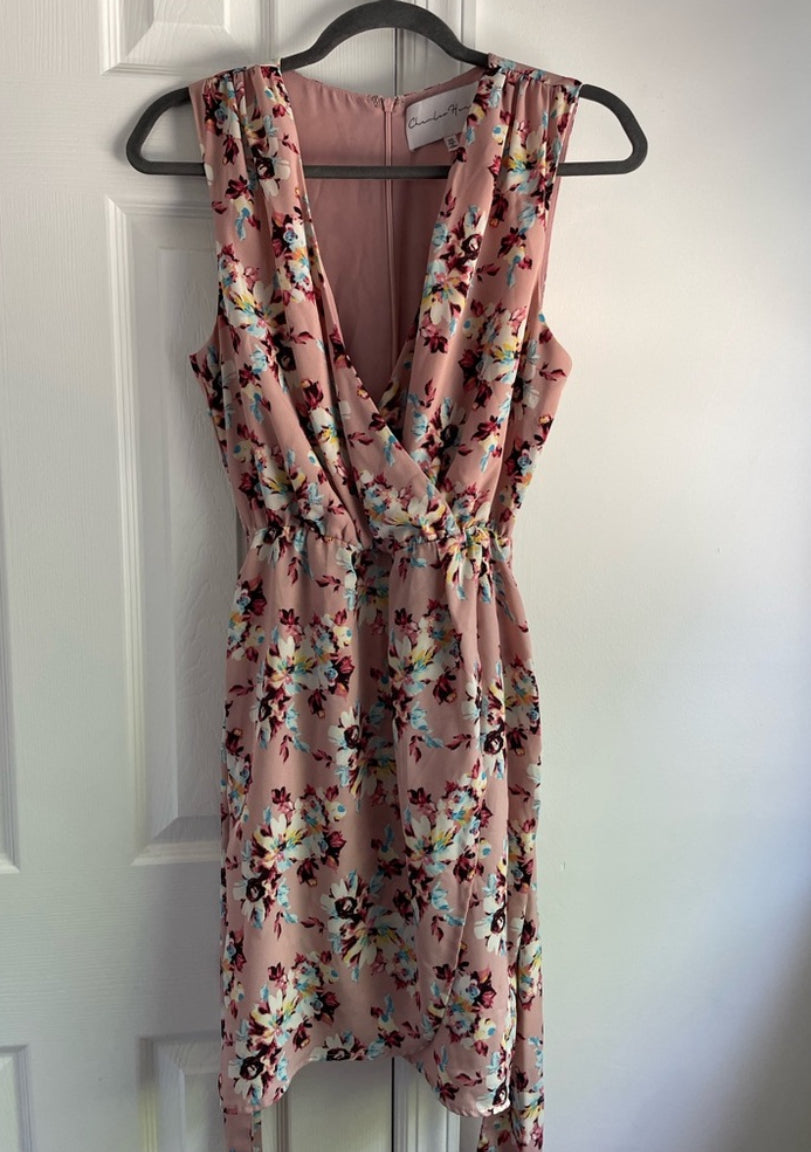 Charles Henry Blush Floral Sleeveless Faux Wrap Belted Mini Dress Size XS $88