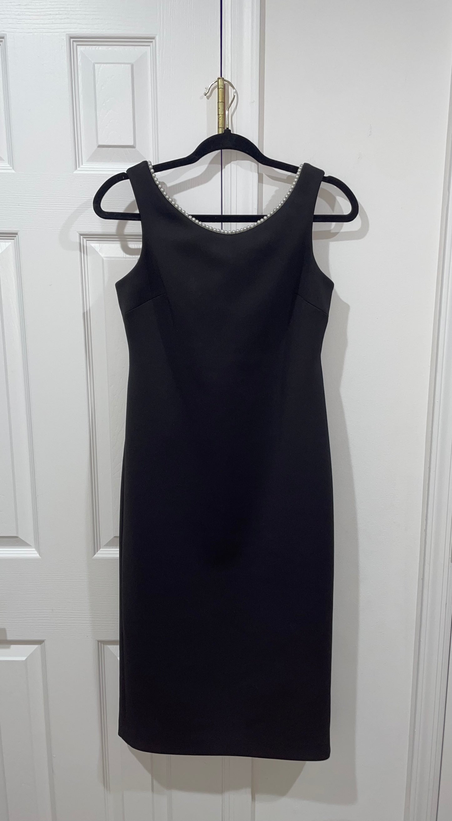 Calvin Klein Pearl Trim Sleeveless Black Sheath Midi Cocktail Dress Size 6 $139