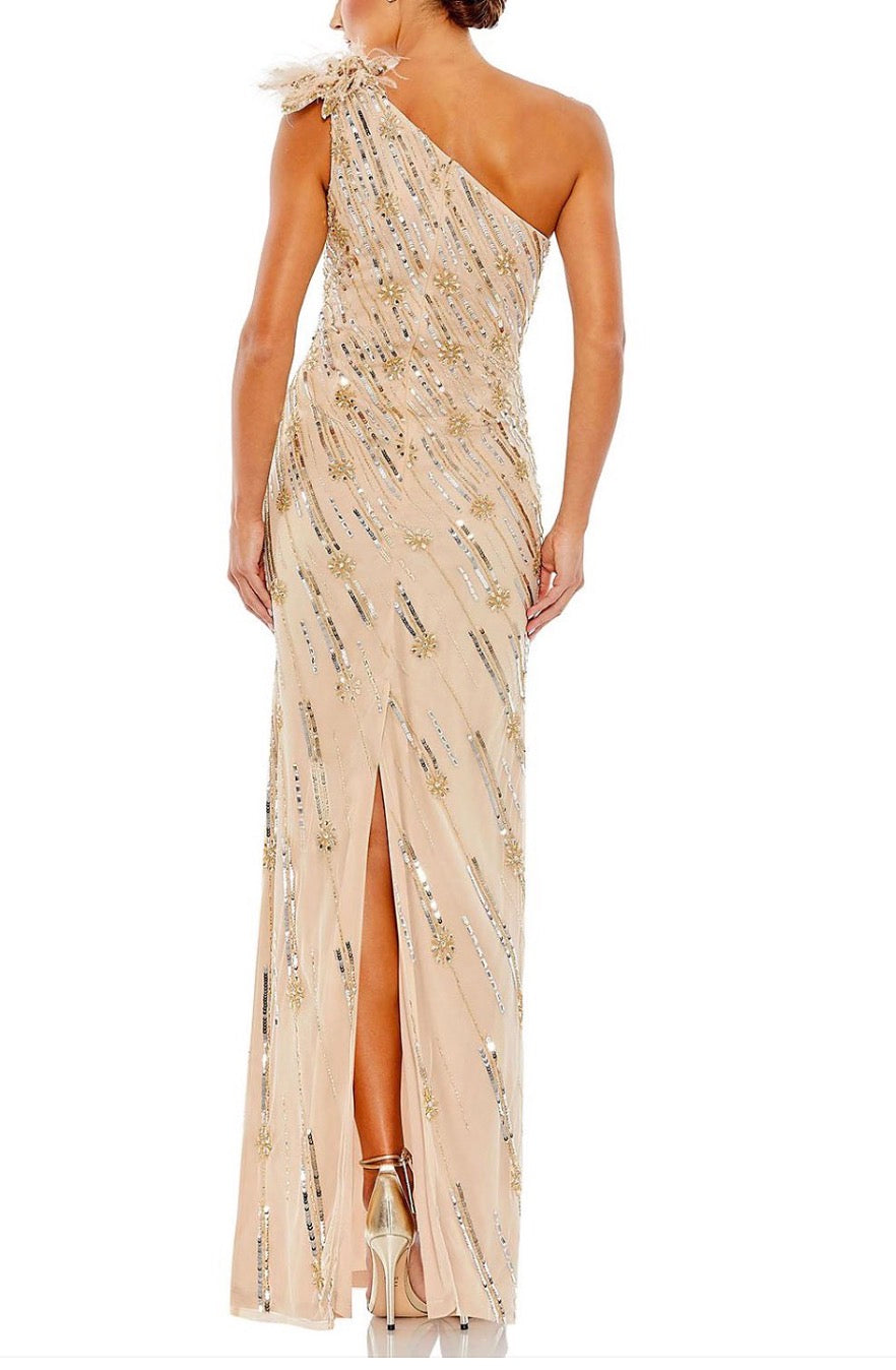 NWT Mac Duggal Nude/Gold Embellished Floral Gown One Shoulder Size 8 $498 93739