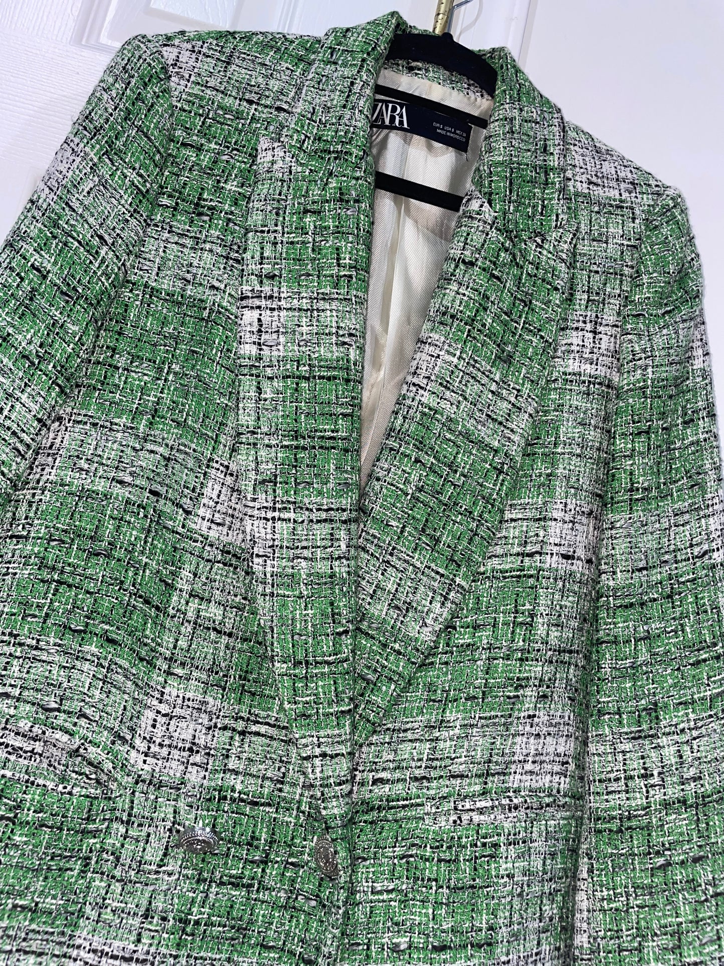 Zara Green Plaid Tweed Oversized Blazer Jacket Blogger’s Fave Size Small