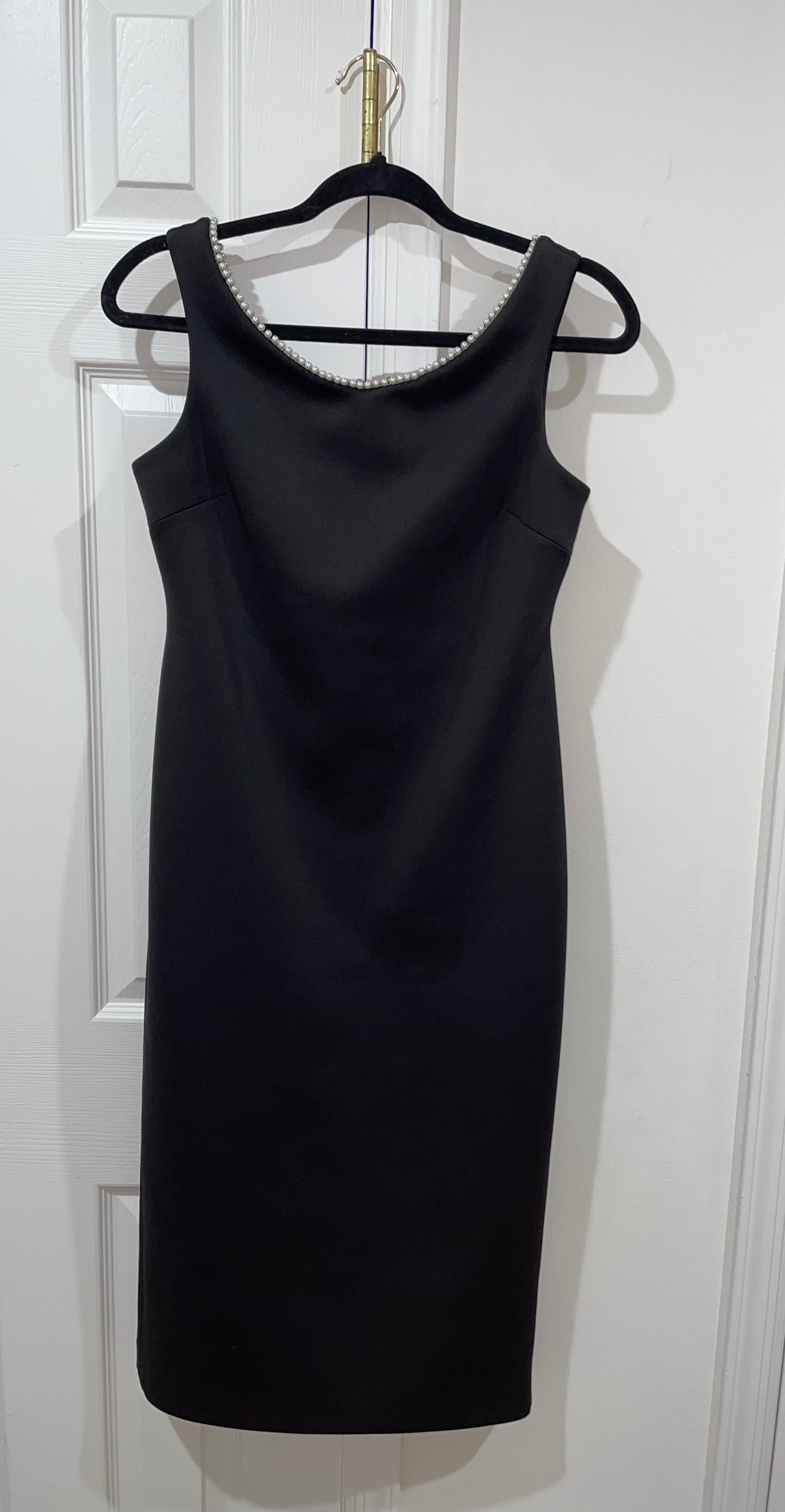 Calvin Klein Pearl Trim Sleeveless Black Sheath Midi Cocktail Dress Size 6 $139