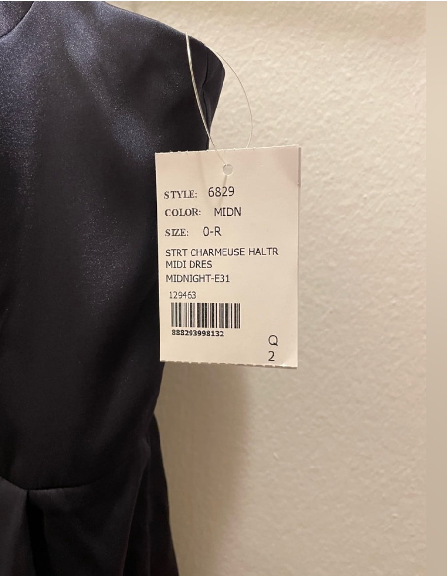 After Six Midnight Blue Charmeuse Halter Midi Dress Draped Tulip Skirt Sz 0 NWT