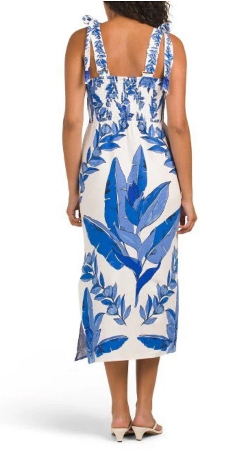 Calypso St. Barth Linen Blend Tropical Floral Midi Sheath Dress Size XS
