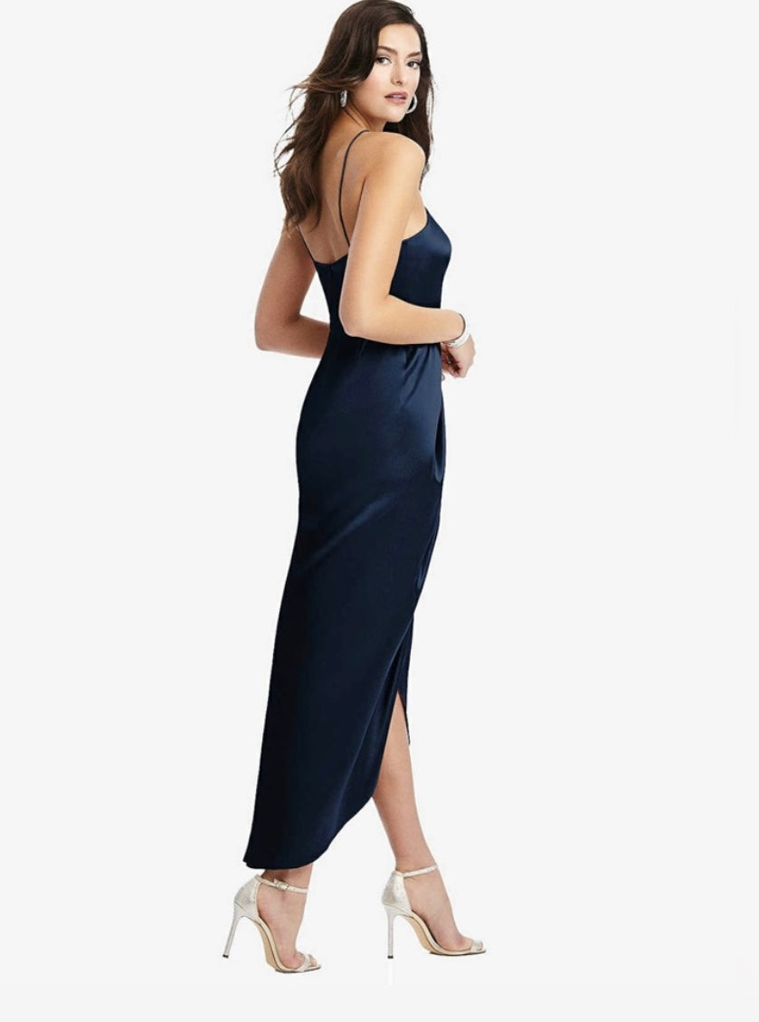 After Six Midnight Blue Charmeuse Halter Midi Dress Draped Tulip Skirt Sz 0 NWT