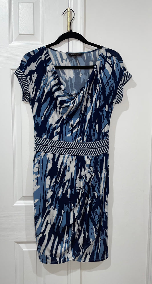 BCBGMAXAZRIA Ema Blue & White Faux Wrap Cowl Neck Stretchy Dress Size Small