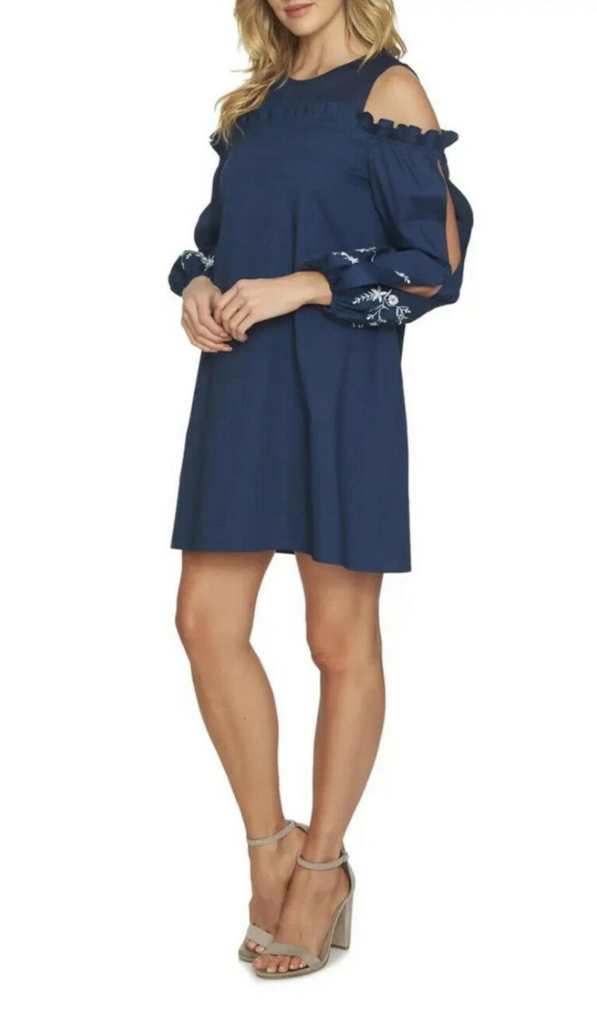 CeCe Cold Shoulder Navy Blue Embroidered Long Sleeve Shift Dress Size 10