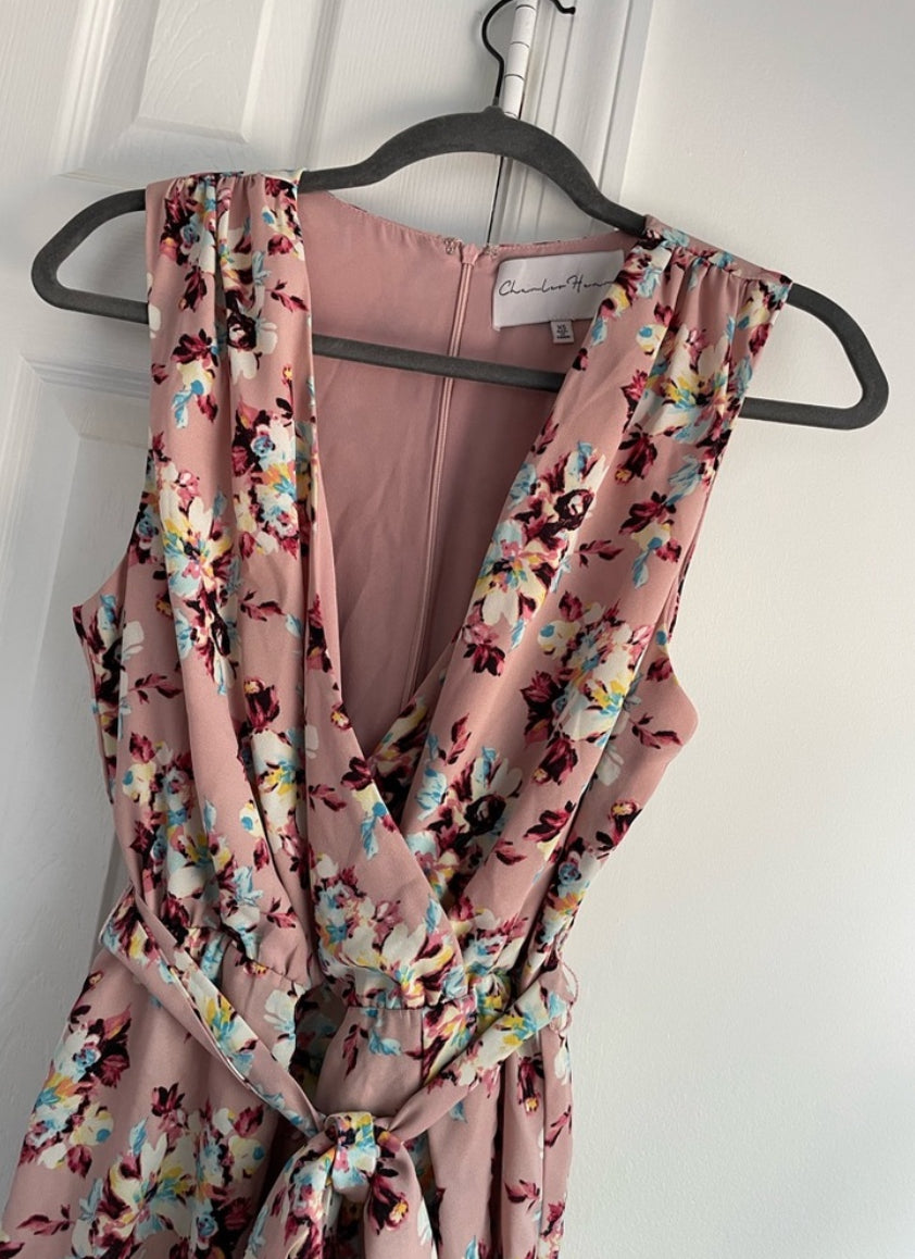 Charles Henry Blush Floral Sleeveless Faux Wrap Belted Mini Dress Size XS $88