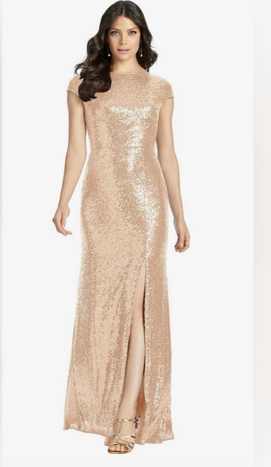 NWT DESSY COLLECTION Elle Rose Gold Sequin Maxi Dress Cowl Back Gown Size 6