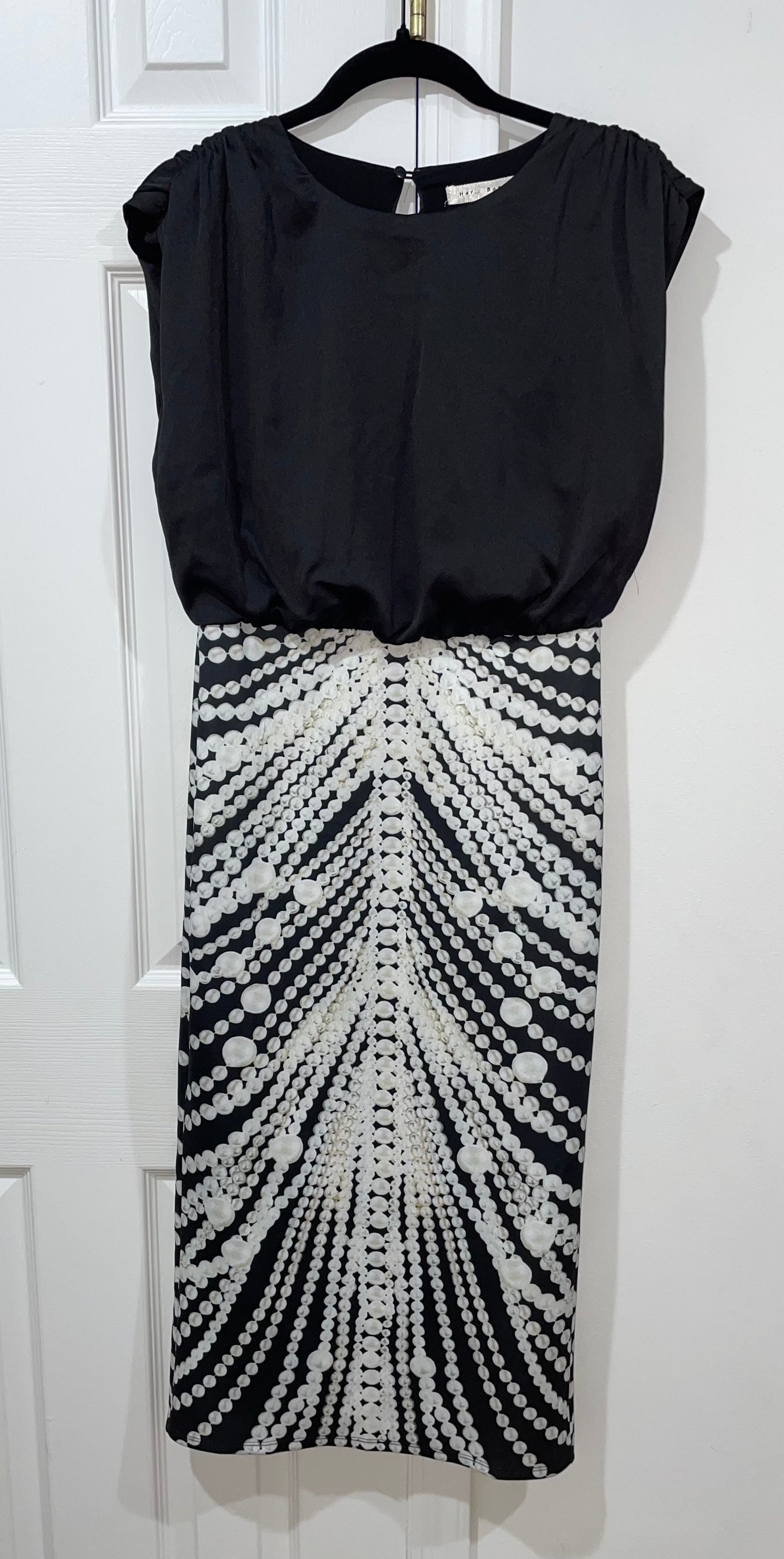 Her.. Bottari Black Satin Pearl Printed Sheath Pencil Midi Dress Size Small