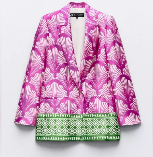 Zara Satin Effect Printed Blazer Purple Multicolor Blogger’s Favorite Size Small