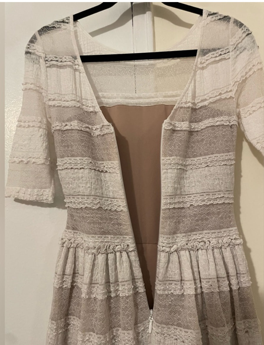 BCBGMAXAZRIA LOUE White Lace Fit & Flare Mini Dress With Pockets Size XS $268