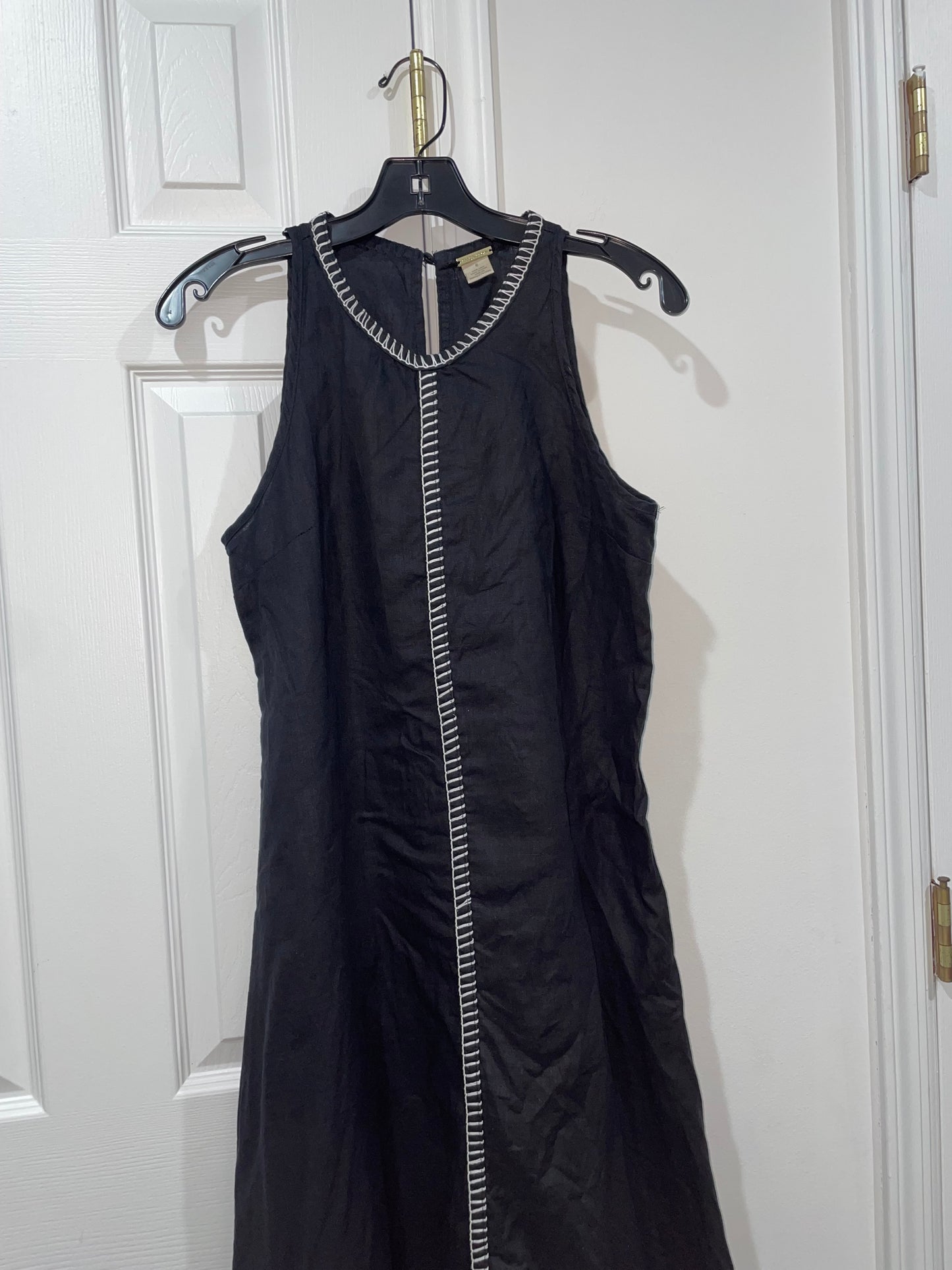 Magaschoni 100% Linen Black Long A-Line Dress White Whipstitch Trim Size 6 $198