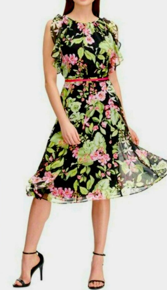 Tommy Hilfiger Floral Chiffon Ruffle Sleeveless Fit & Flare Midi Dress Size 6