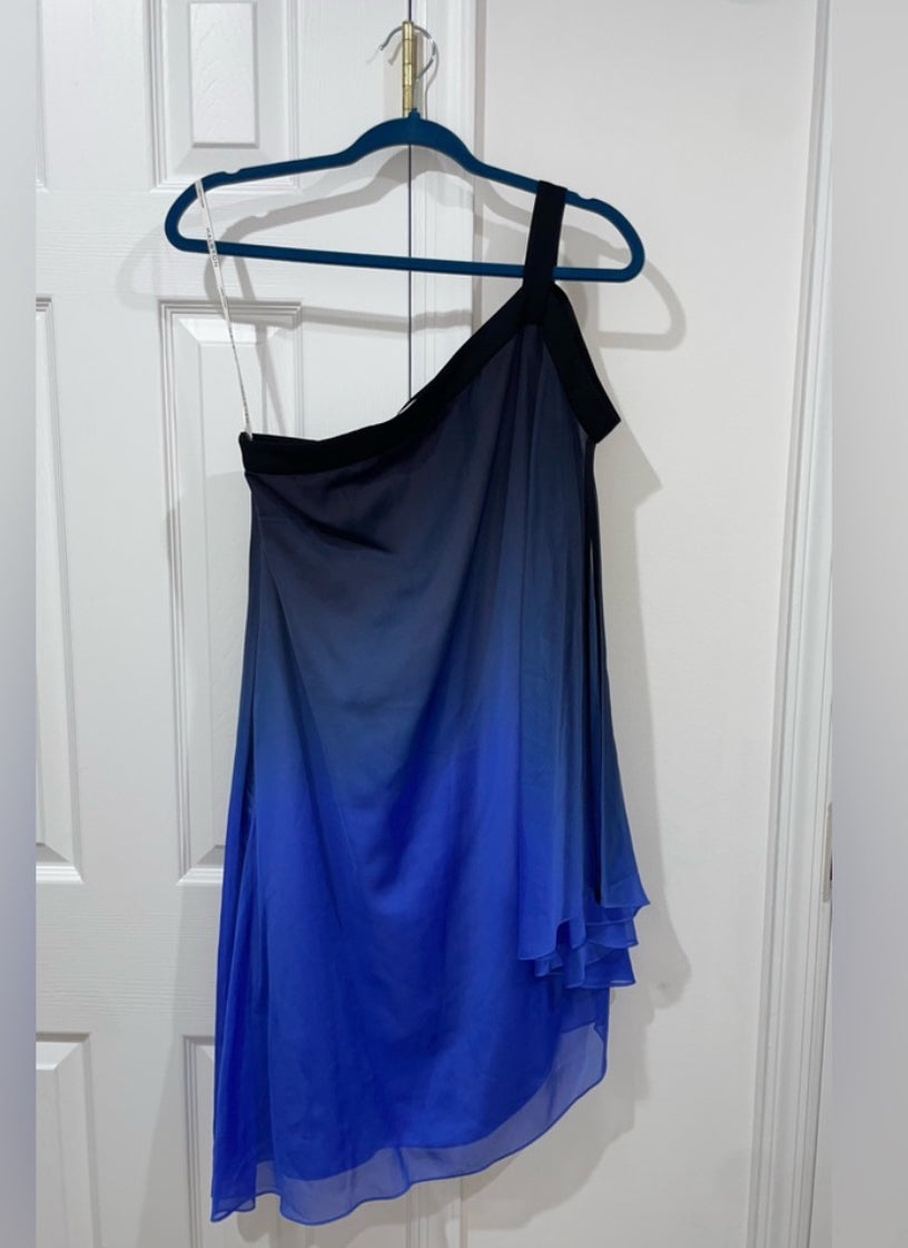 Halston Heritage Blue Ombré Chiffon Dress One Shoulder Size 8 $395