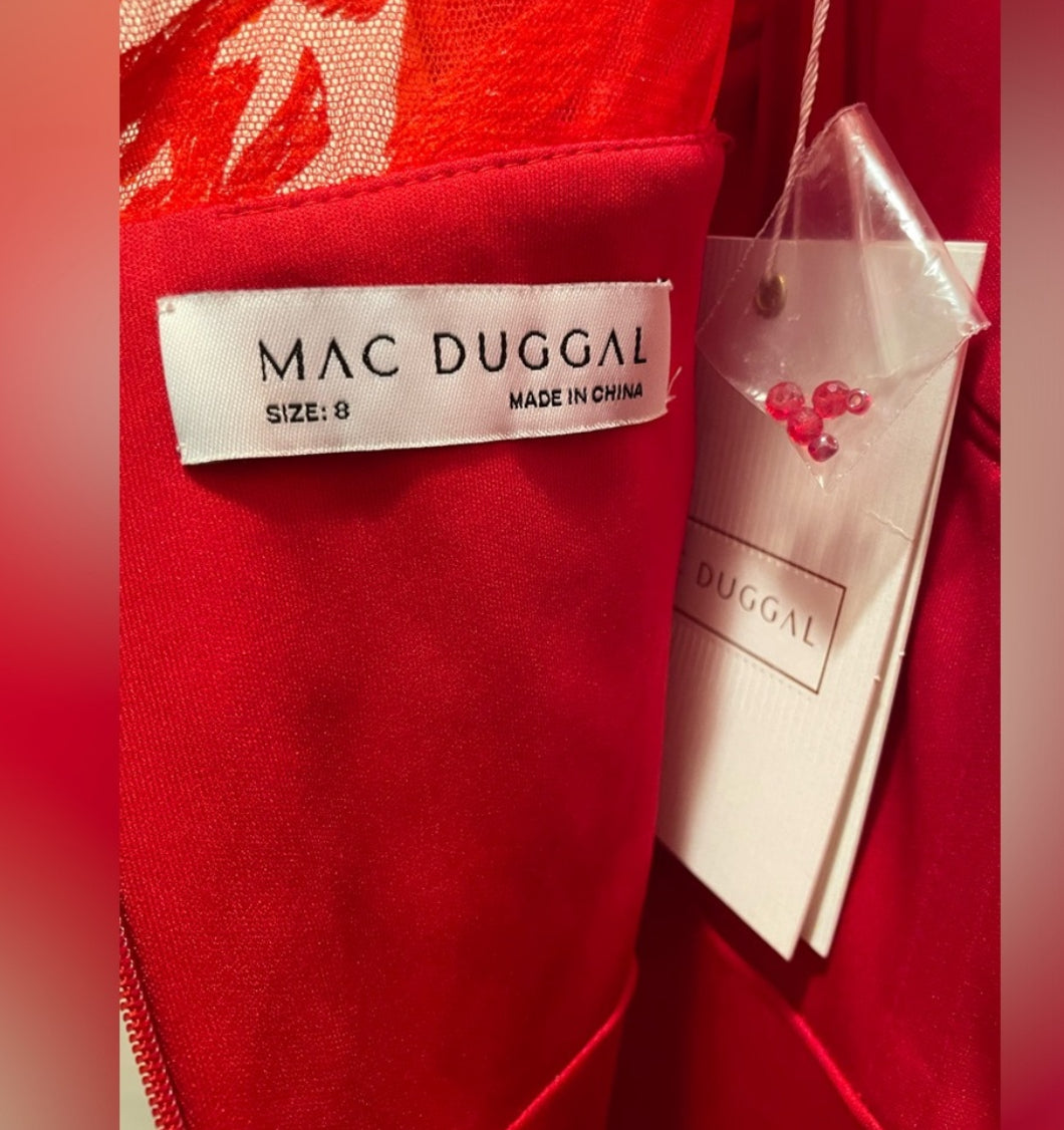 NWT MAC DUGGAL 12421 Red Embellished Puff Sleeve Plunge Neck Trumpet Gown Size 8