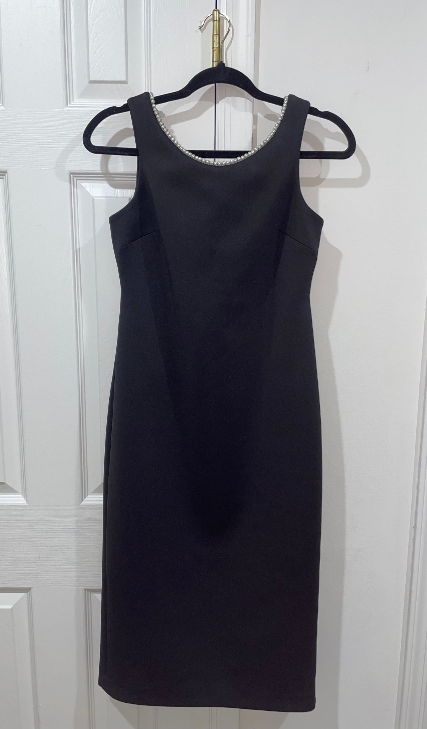 Calvin Klein Pearl Trim Sleeveless Black Sheath Midi Cocktail Dress Size 6 $139