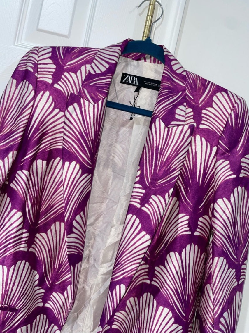 Zara Satin Effect Printed Blazer Purple Multicolor Blogger’s Favorite Size Small