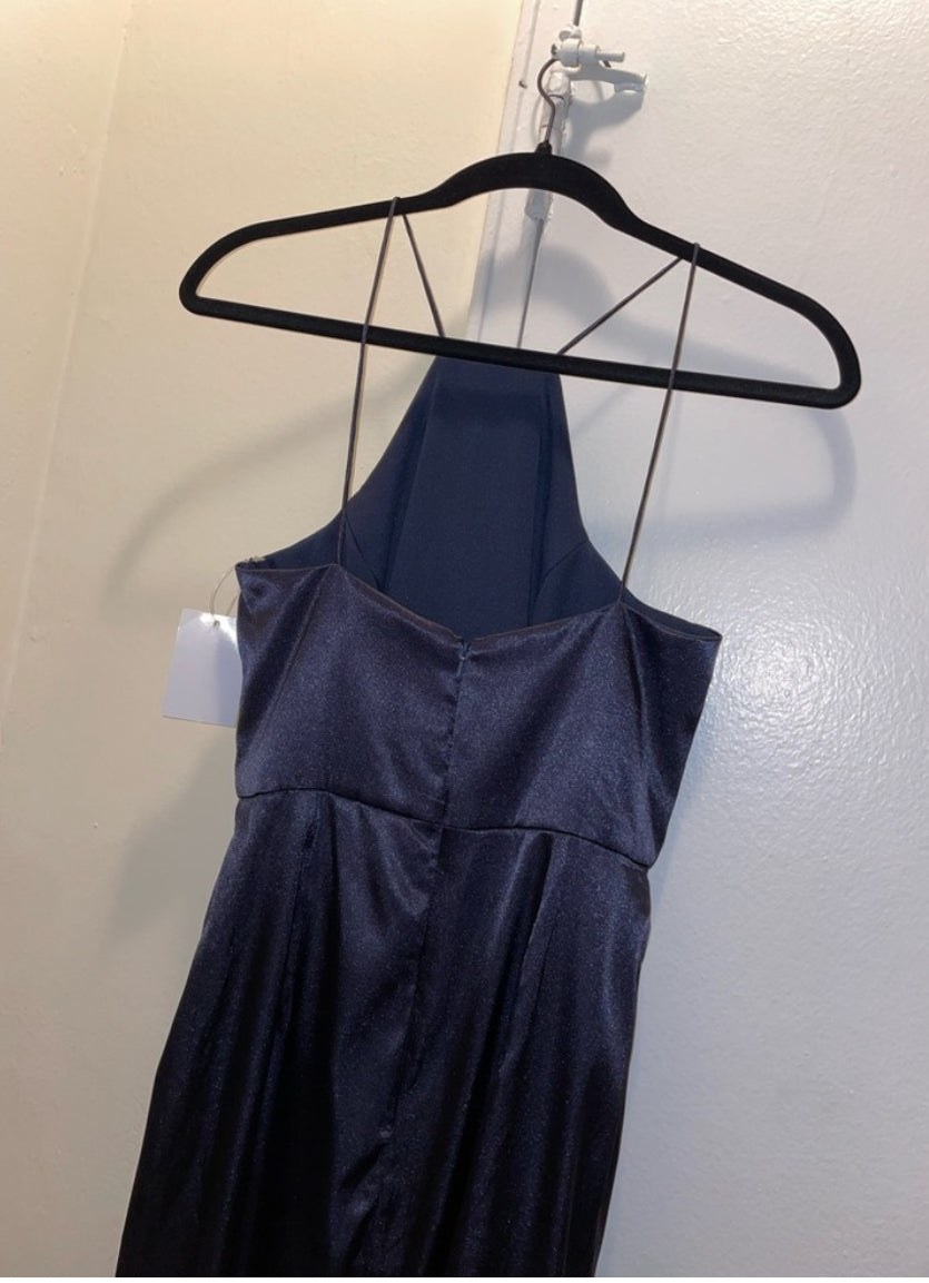 After Six Midnight Blue Charmeuse Halter Midi Dress Draped Tulip Skirt Sz 0
