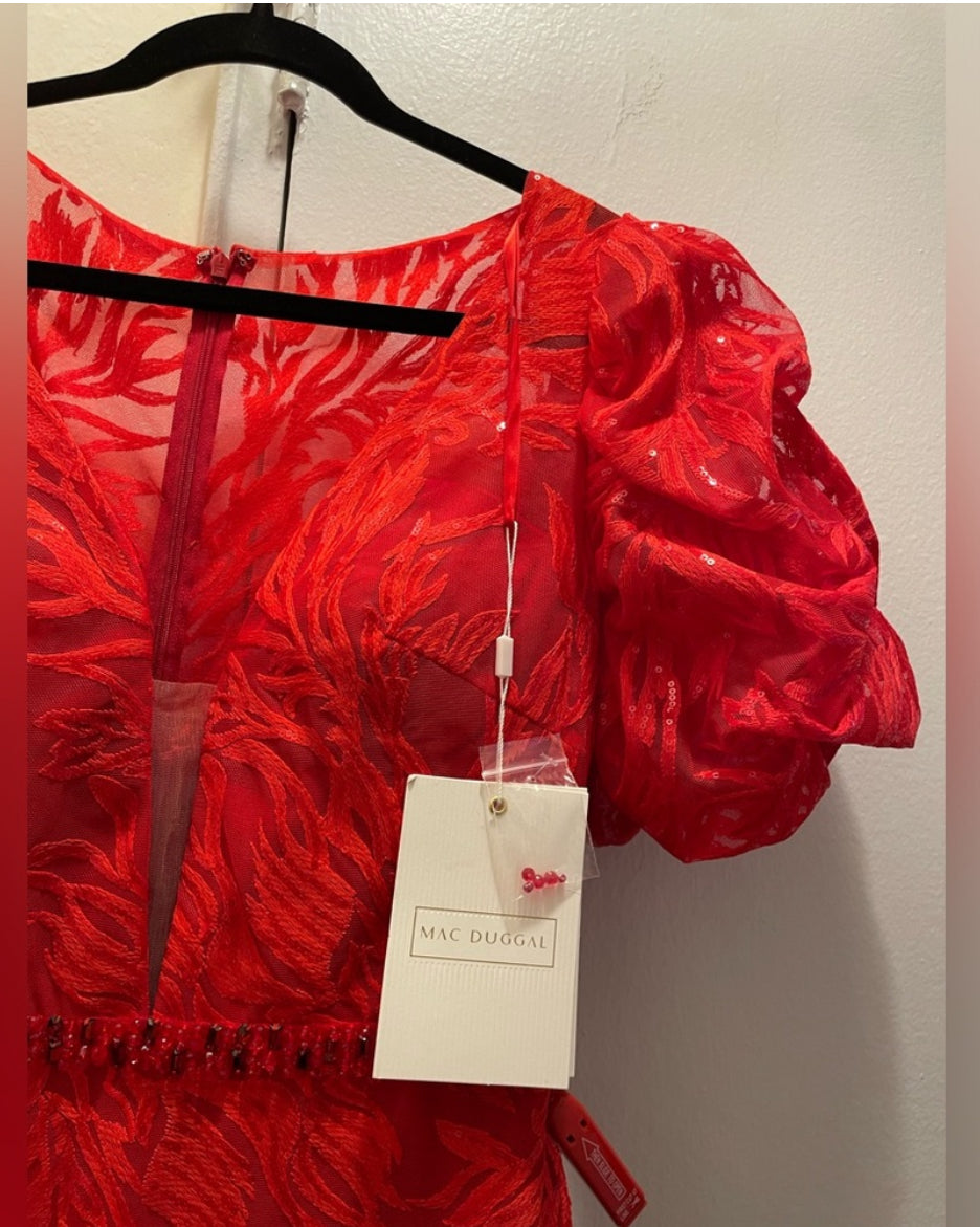 NWT MAC DUGGAL 12421 Red Embellished Puff Sleeve Plunge Neck Trumpet Gown Size 8