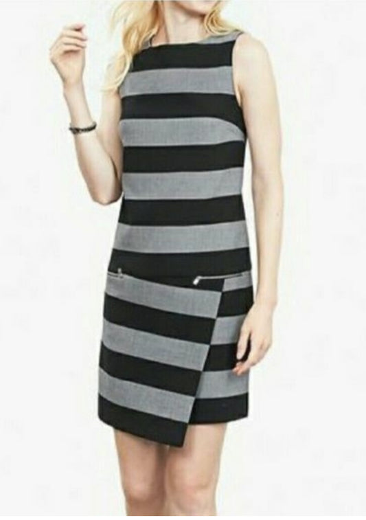 Banana Republic Black Gray Rugby Striped Asymmetric Mini Sheath Dress Sz 4 $140