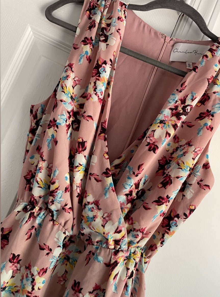 Charles Henry Blush Floral Sleeveless Faux Wrap Belted Mini Dress Size XS $88