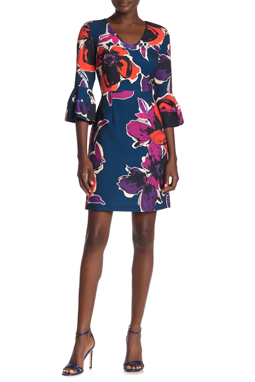 Trina Turk Mamie Blue Floral Bell Sleeve V-Neck Dress Size 0 $168
